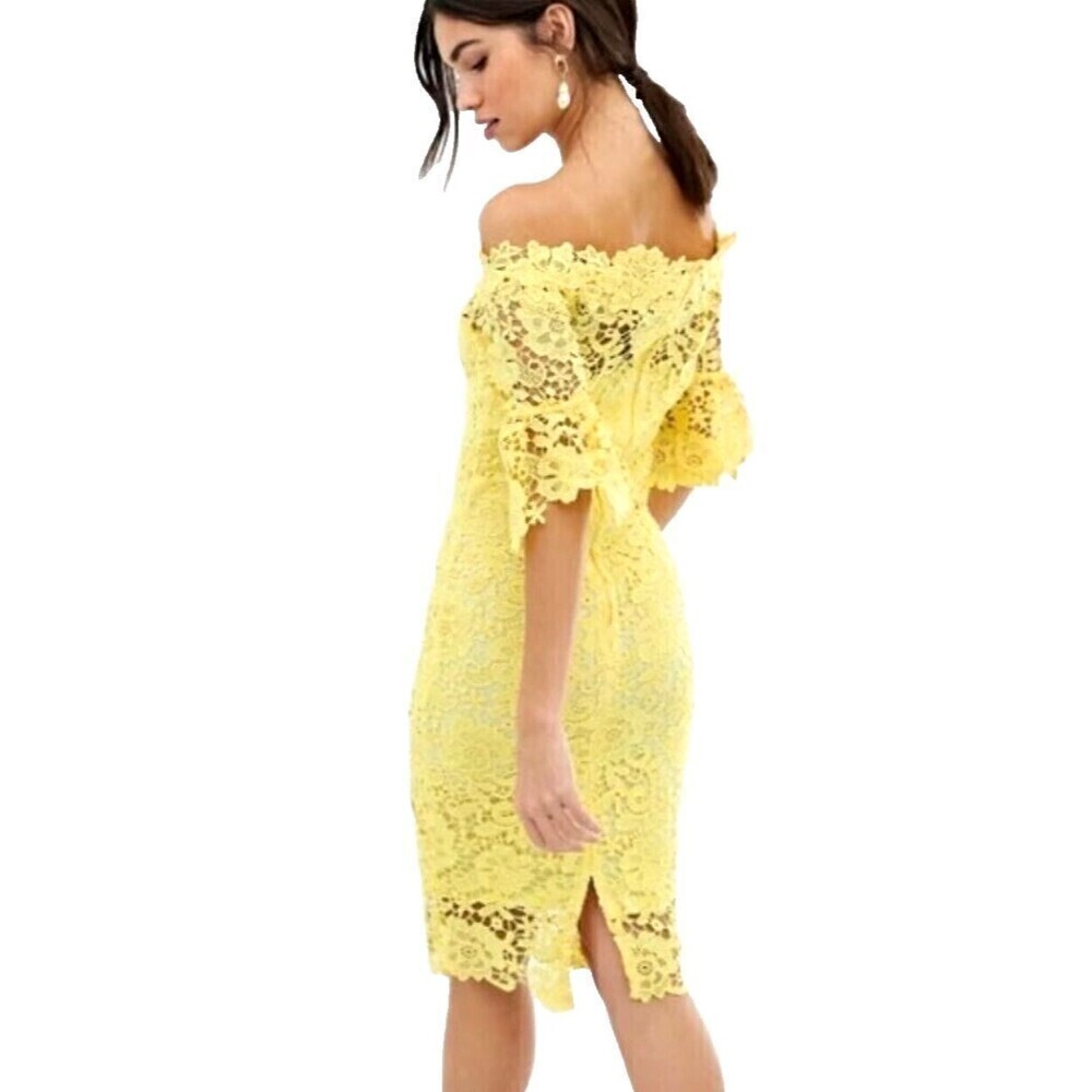 Paper Dolls Women Sz 4 Yellow Lace Off The Shoulder Bardot Occasion Dress E3